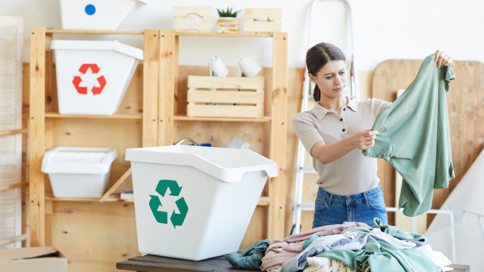 Consumer disposing clothing waste.