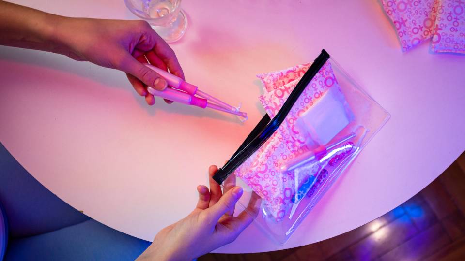 sanitary products in a bag including tampons and sanitary pads