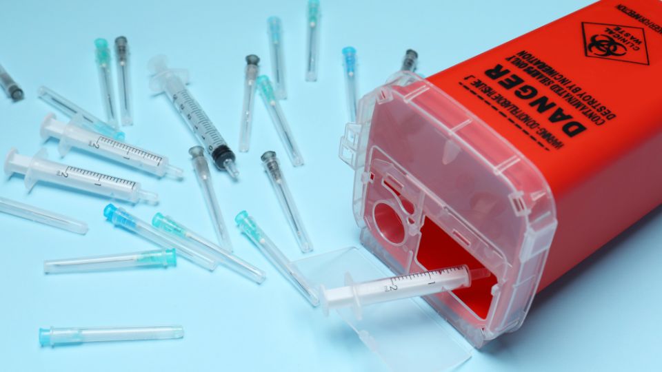 Sharps waste in a disposal bin.