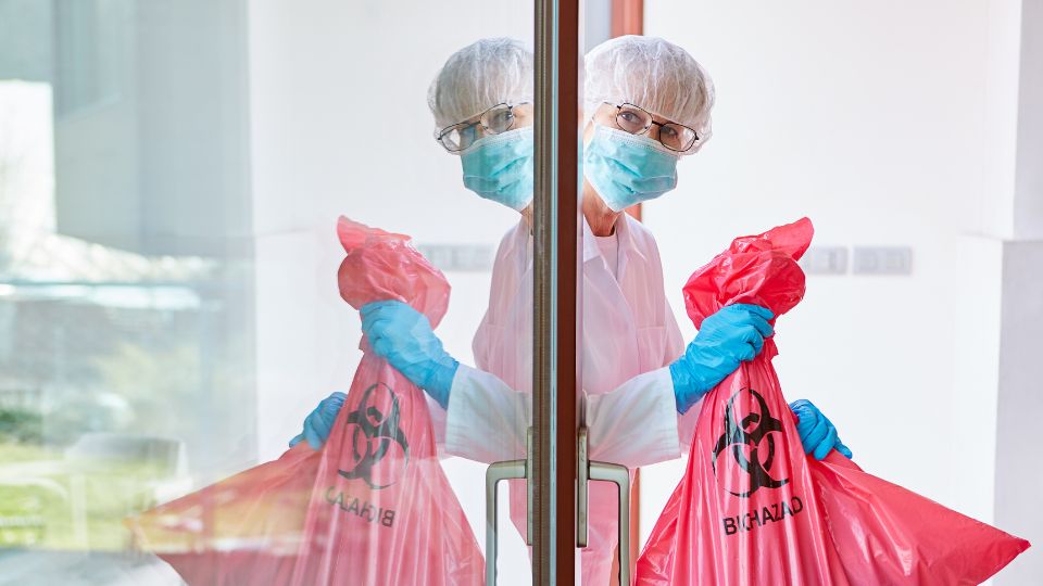 photograph of a hospital lab worker holding hospital waste in a bin sack