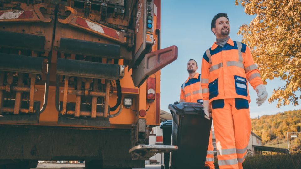 A photograph of two bin men moving general rubbish into their bin lorry