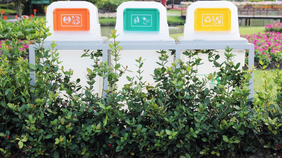 Recycling bins for different waste.