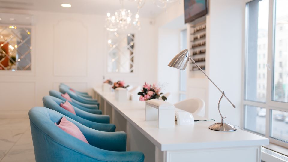 Blue salon chairs lined up.