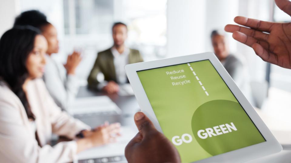 Business meeting discussing going greener with recycling