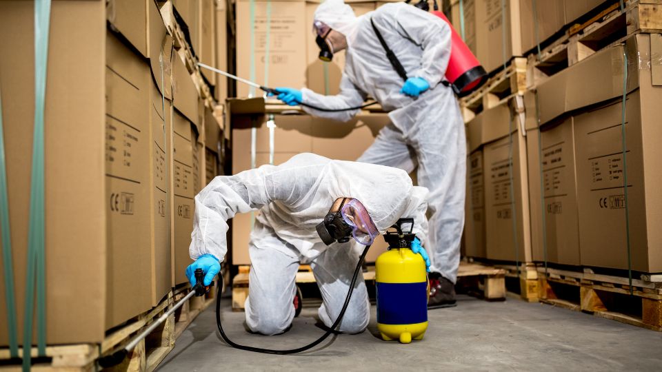 Pest control workers spraying down stock