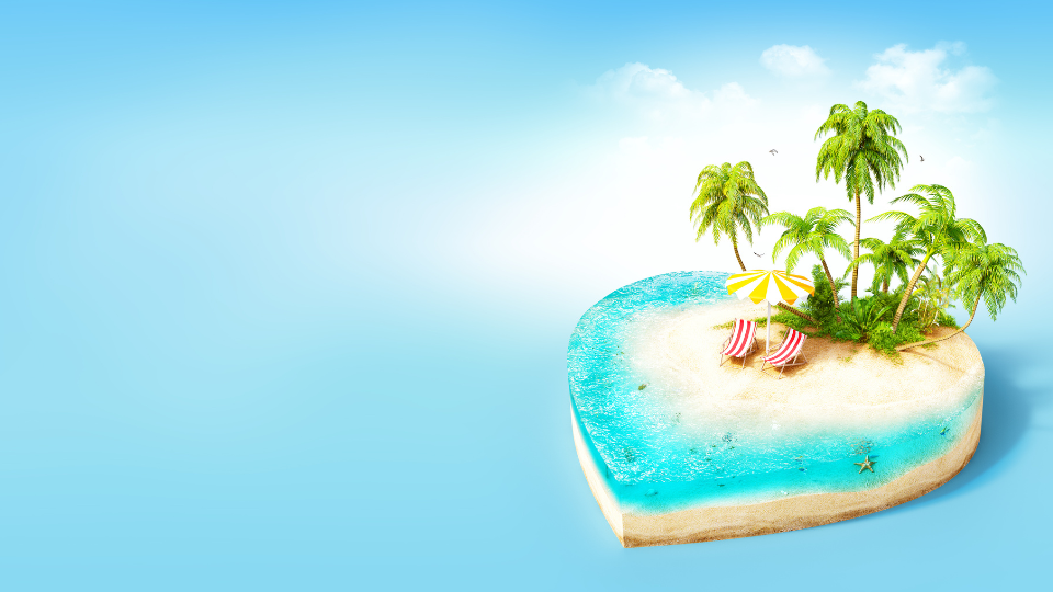love island graphic with palm trees and a beach and a heart