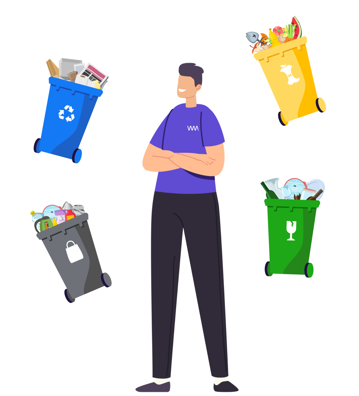 Waste Managed employee with floating bins illustration
