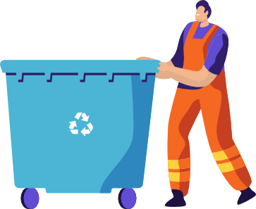 Man pushing 1100L wheelie bin illustration